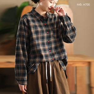 Áo sơ mi linen dài tay cổ đức kẻ caro một túi bo tròn - A699