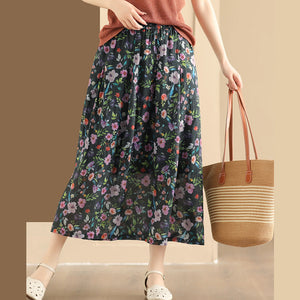 Chân váy linen lưng thun in hoa lá kiểu hai lớp - NU10222