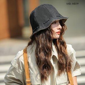 Mũ denim retro vành rộng dây rút - M018