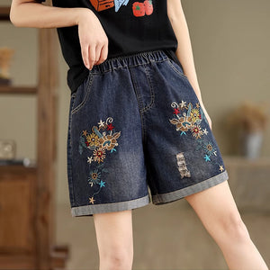 Quần sooc denim lưng thun cạp cao thêu hoa lá - Q198