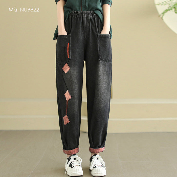 Quần baggy denim lưng thun ống côn phối hình thoi - NU9821