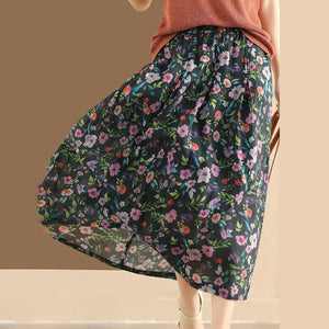 Chân váy linen lưng thun in hoa lá kiểu hai lớp - NU10222