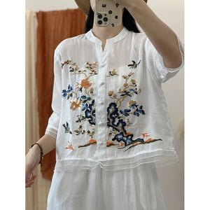 Áo sơ mi linen ngắn tay cổ tròn chữ V thêu hoa lá - NU8831