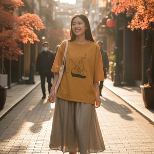 Áo T-shirt ngắn tay cổ tròn in mèo câu cá - A974