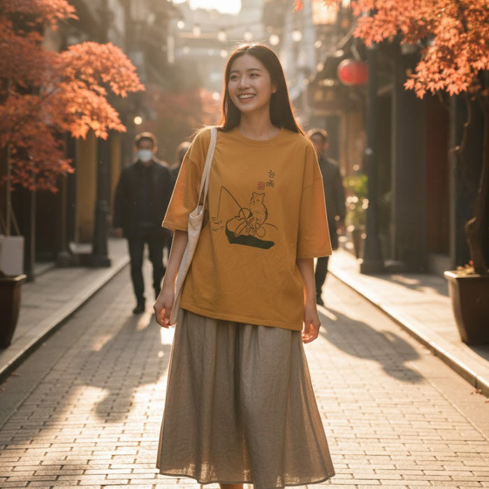 Áo T-shirt ngắn tay cổ tròn in mèo câu cá - A974