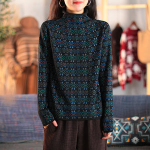 Áo T-shirt dệt kim dài tay cổ cao hoa văn cân đối  - NU8076