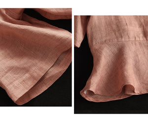 Áo sơ mi linen ngắn tay cổ tàu in hoa lá retro khuy tròn - NU8854