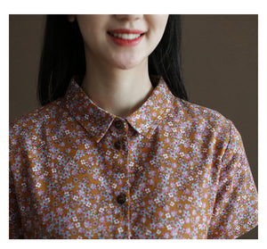 Đầm liền linen ngắn tay cổ đức in hoa liti túi chéo khuy cài - NU10032