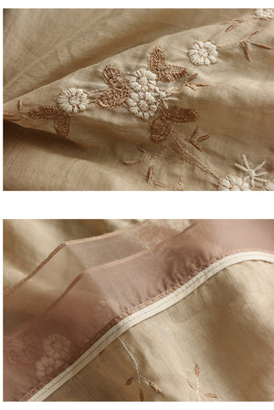 Áo sơ mi organza ngắn tay cổ tròn thêu hoa lá - A010