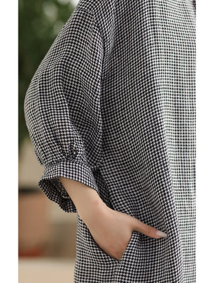 Đầm liền linen ngắn tay cổ cánh sen kẻ caro - NU10189