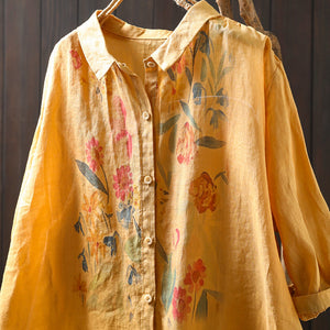 Áo sơ mi linen ngắn tay cổ đức in hoa hồng - NU10095