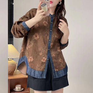 Áo sơ mi dài tay cổ đứng in hoa lá retro phối denim - NU9646
