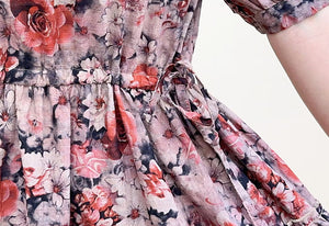Đầm liền linen ngắn tay cổ tròn in hoa lá chiết eo - NU10184