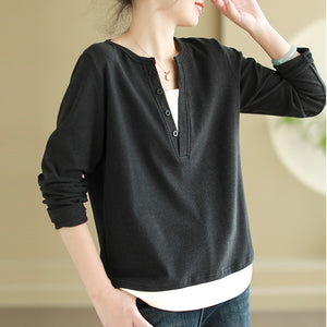 Áo T-shirt dài tay cổ V đính khuy kiểu hai lớp - NU9578