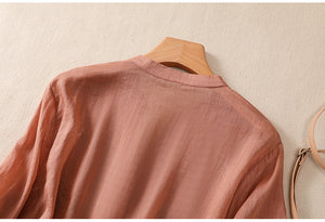 Áo sơ mi linen ngắn tay cổ V thêu tứ quý - NU9817