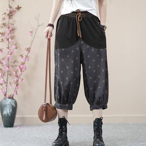 Quần baggy lửng denim lưng thun dây rút in hoa văn - NU8674