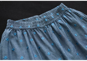 Quần baggy linen lưng ống rộng thêu hoa văn - NU8696