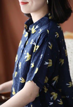 Áo sơ mi linen ngắn tay cổ đức in những chú chim - NU8815