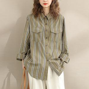 Áo sơ mi linen dài tay cổ đức kẻ sọc hai túi - NU9796