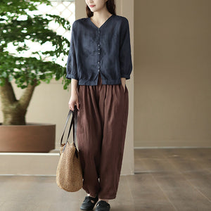 Áo sơ mi linen tay lửng cổ V thêu hoa văn retro - NU9770