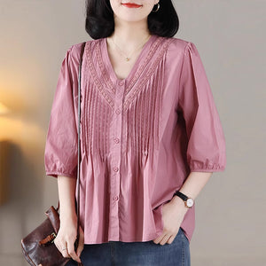 Áo sơ mi ngắn tay cổ V thêu ren xếp ly - NU8828