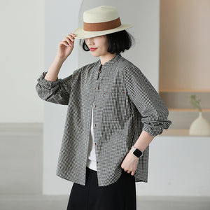 Áo sơ mi linen dài tay cổ đứng kẻ sọc caro - NU9837