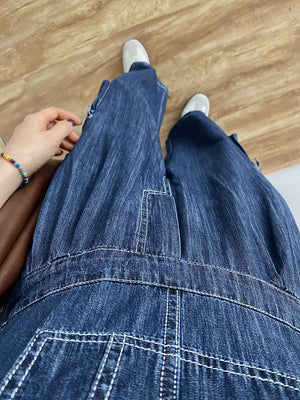 Quần baggy yếm denim chiết eo ống đứng - NU10373