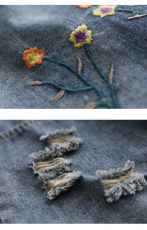 Chân váy denim lưng thun ba khuy cài thêu hoa lá - V007