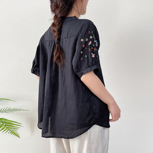 Áo sơ mi linen ngắn tay cổ V thêu hoa lá đối xứng - NU10157