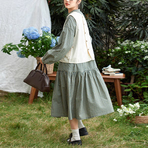Đầm liền linen Morigirl dài tay cổ đứng kẻ caro - D041