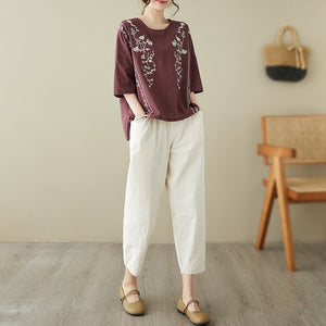 Áo T-shirt linen ngắn tay cổ tròn thêu đối xứng - NU9093
