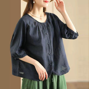 Áo sơ mi linen ngắn tay cổ tròn vạt bo - A820