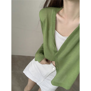 Áo khoác cardigan len dệt kim dài tay cổ V bốn khuy - NU9114