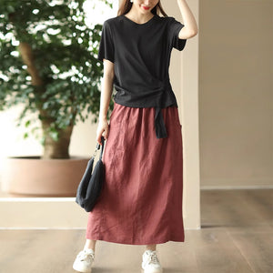 Chân váy linen retro hai túi đính khuy lưng thun - NU9000