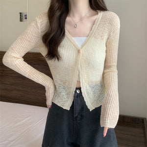 Áo khoác cardigan len dệt kim dài tay cổ V vạt lượn sóng - NU9120
