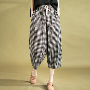 Quần baggy linen lửng lưng thun kẻ caro - NU10125