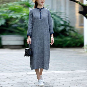 Đầm liền linen dài tay cổ tròn khuy cài kẻ caro - NU9506