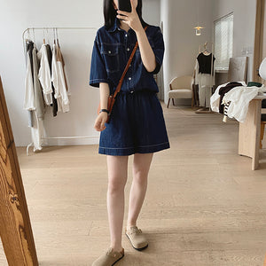 Bộ đồ denim gồm quần sooc và áo sơ mi ngắn tay cổ đức - NU8682