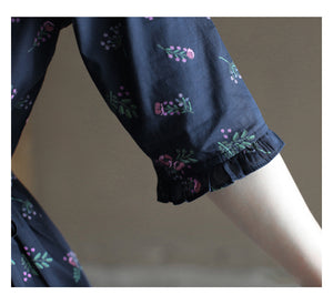 Đầm liền linen ngắn tay cổ đứng in những bó hoa liti - NU10017