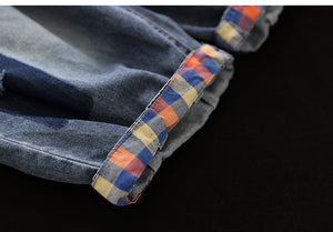 Quần baggy lửng denim lưng thun phai màu ô vuông - NU8752