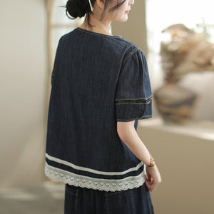 Bộ đồ denim gồm áo sơ mi ngắn tay và quần sooc phối ren - B019