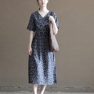 Đầm liền linen ngắn tay cổ V in những chiếc lá sắc màu - NU10019