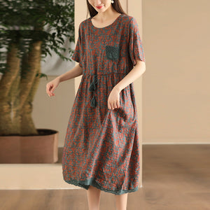 Đầm liền linen ngắn tay cổ tròn một túi ren eo cột dây - D007