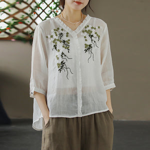 Áo sơ mi linen ngắn tay cổ V thêu hoa lá trước ngực - A006