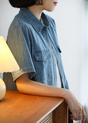 Áo sơ mi denim ngắn tay cổ đức hai túi - NU10069