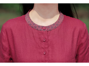 Đầm liền linen dài tay cổ tròn viền in hoa retro - NU9547