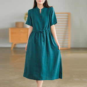 Đầm liền linen ngắn tay cổ V xếp ly đối xứng - NU8686