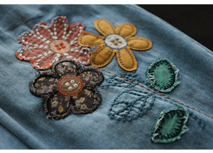 Quần baggy lửng denim lưng thun thêu hoa lá và ô vuông - NU8746