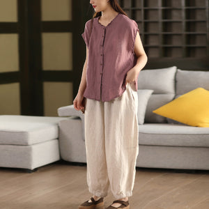Áo sơ mi linen sát nách cổ tròn xếp ly - A812