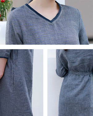 Đầm liền linen ngắn tay cổ V kẻ caro eo thắt dây - NU8786